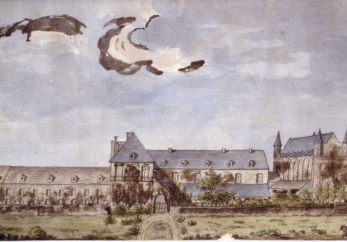 Vers 1813, l’abbaye d’Ardenne vue par l’Est, aquarelle de Thomas Russell, s.d., British Library, Russell Papers