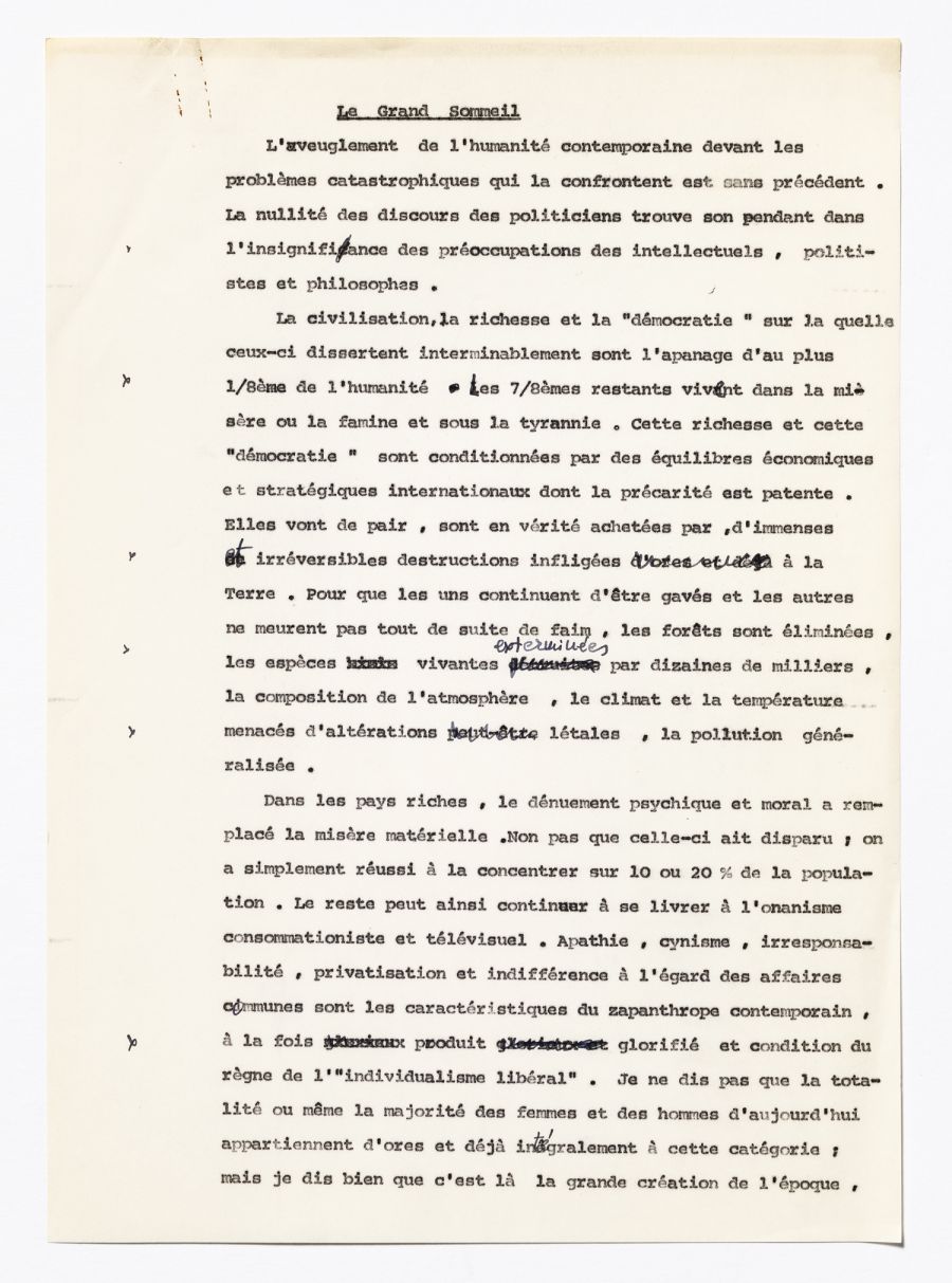 Cornelius Castoriadis,  « Le grand sommeil ». Dactylogramme annoté,  mars 1989. Archives  Cornelius Castoriadis/Imec.