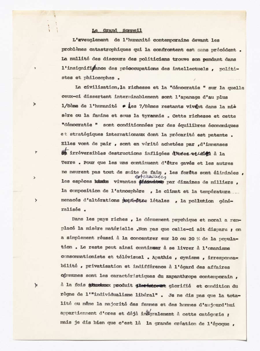 Cornelius Castoriadis,  « Le grand sommeil ». Dactylogramme annoté,  mars 1989. Archives  Cornelius Castoriadis/Imec.