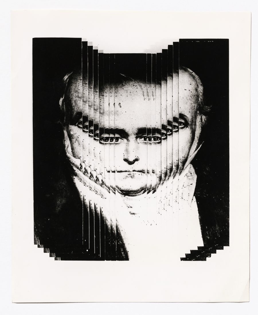 Photographie d’un portrait de Charles Fourier traité  en écartelage par Pierre Faucheux. Archives Pierre Faucheux/Imec.© Michaël Quemener/ Imec