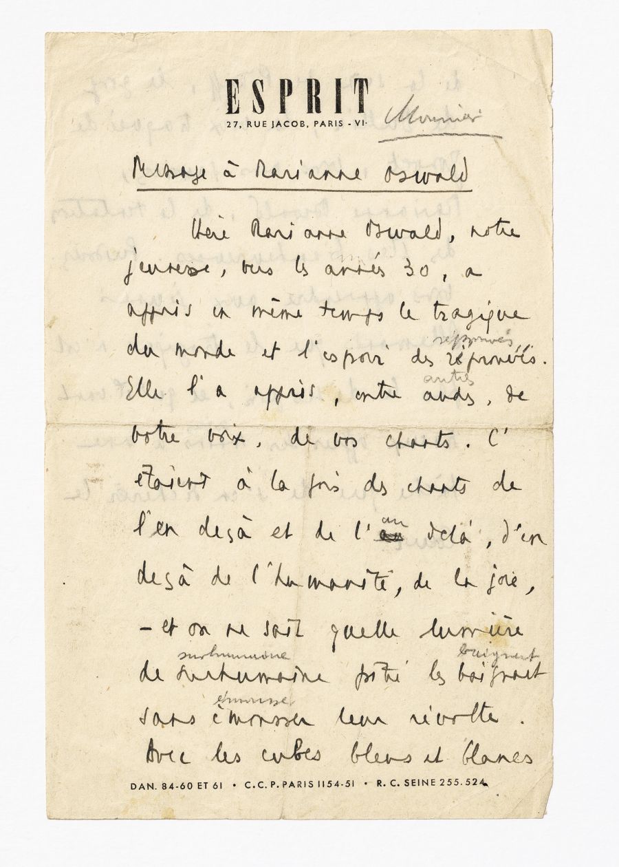 Lettre d’Emmanuel Mounier à Marianne Oswald, s. d. Archives Esprit/Imec.
