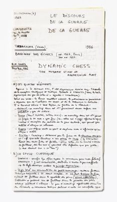 Notes de lecture sur le jeu d’échec et la guerre, sans date, Archives Hubert Damisch/Imec. © Michaël Quemener/Imec